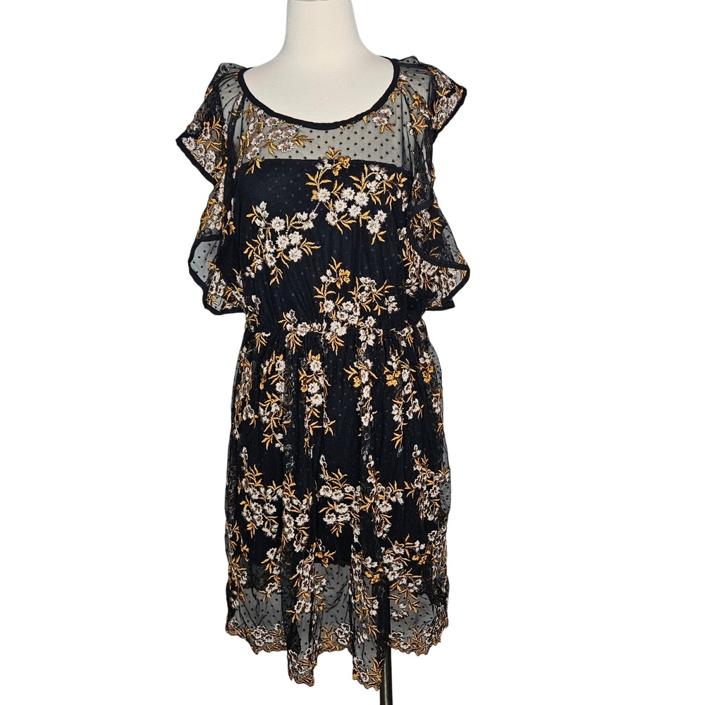Luna Allegra Italy Black Gold Floral Embroidered‎ Mesh Dress XL Ruffle Sleeve